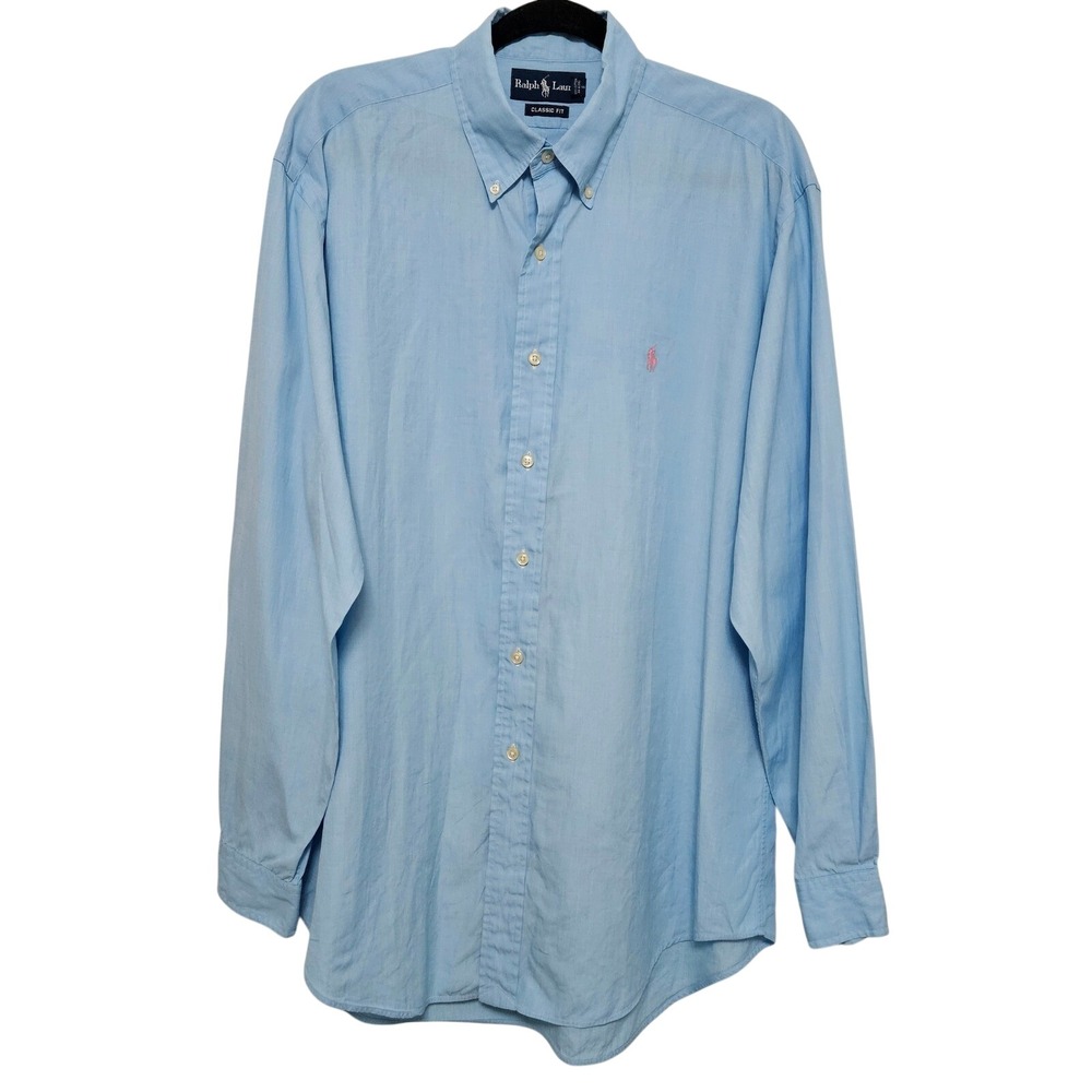 Ralph Lauren Classic Fit Cool Blue Button Down Shirt L Pink Pony Preppy Coastal - Picture 1 of 9